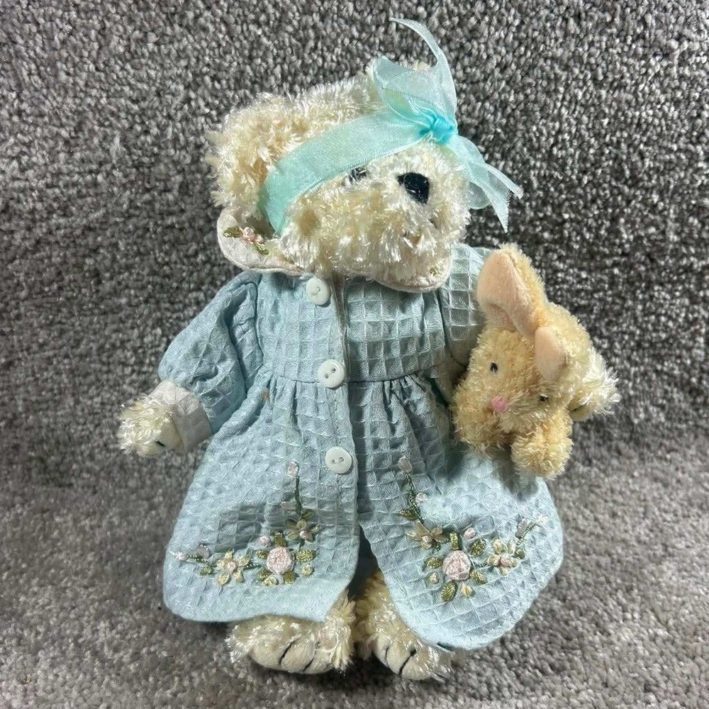 Unipak Designs Teddy Bear Blue Floral Dress Bunny Plush Vintage Collectible 7.5"